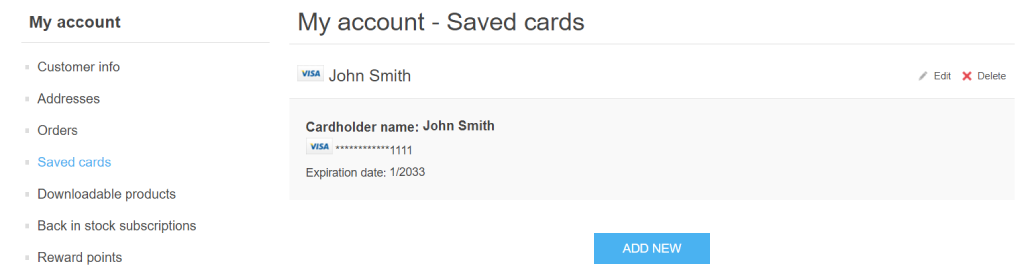 saved payment cards saved card